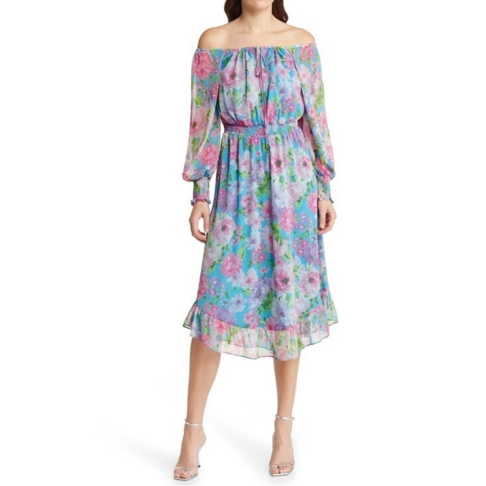 Charles Henry Floral Long Sleeve Smocked Midi Dress Orchid Watercolor